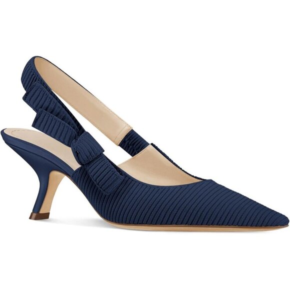 Shoes - Women's Navy Blue Kitten Heels Closed Pointed Toe Bowknot Knitted Slip On